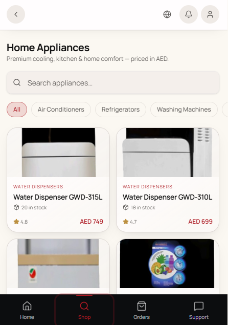 Electric Avenue retail mobile app showing appliance search, filters, products, and navigation